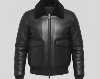 Men's Leather Biker Jacket black Fur Collar | Classic Shearling Moto Coat