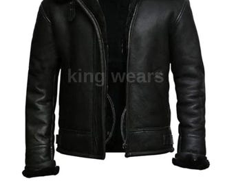 Men's Leather Biker Jacket with black Fur Collar | Classic Shearling Moto Coat