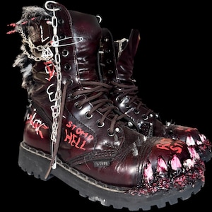 Punk Goth Custom Steel Toe Combat Boots with Chains & Horror Paint – Size 37 Teeth