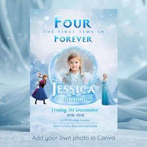 Four the First time in Forever Birthday invitation Canva Template | Ice Princess Snow Globe Photo Frame | Digital Download