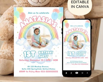 Pastel Rainbow Photo Invitation, Editable Canva First Birthday Template (Digital Download)
