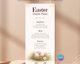 Watercolor Easter Menu Template | Rustic Spring Dinner, Brunch (Canva Editable, Printable Digital Download)