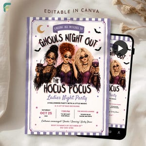 Könnte beinhalten: Ein Halloween-Party-Einladungsflyer mit dem Titel Ghouls Night Out The Hocus Pocus Ladies Night Party. Er zeigt drei illustrierte Figuren in dunkler Kleidung, eine Mondsichel, Fledermäuse und Sterne. Text enthält Veranstaltungsdetails für den 25. Oktober 2026.