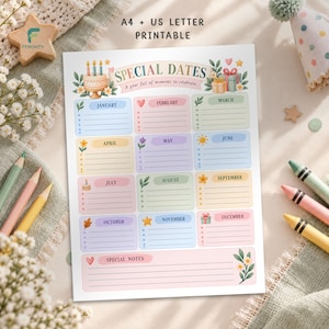 May include: A printable A4 and US Letter special dates calendar sheet featuring twelve monthly sections with pastel-colored boxes, lined spaces for writing, and decorative illustrations of cakes, gifts, flowers, and stars, with the text Special Dates.