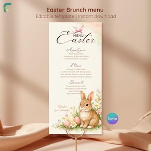 Plantilla de menú de Pascua con conejito de acuarela para brunch de primavera (Canva, descarga instantánea)