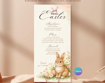 Watercolor Bunny Easter Menu Template, Spring Brunch Party, (Canva, Instant Download)