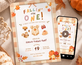 Fall First Birthday Invitation Editable, Baby Girl Autumn 1st Party Template, Fallin For One Invite, Canva Digital Animated Card