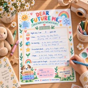 May include: A Dear Future Me fill-in-the-blank letter sheet with colorful illustrations of a sun, rainbow, and puppy. The text includes prompts for age, interests, and goals, with a space for a name, date, and a note to open on an 18th birthday.