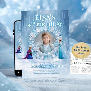 Eis Prinzessin Einladung mit Fotorahmen Canva Template | Winter Prinzessin Party einladen | Kindergeburtstag | Digitaler Download