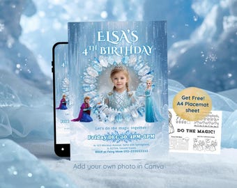 Ice Princess Birthday Invitation Template, Winter Photo Invite, Editable Canva, (Digital Download)