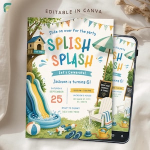 May include: A digital pool party invitation template featuring a treehouse, water slide, and pool. The text reads: Slide on over for the party SPLISH SPLASH Let's Celebrate! Jackson is turning 6! Saturday September 25, 5:00 PM - 7:00 PM, Jackson's House.