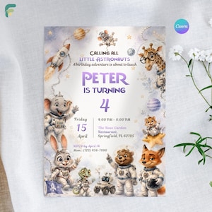 May include: A whimsical invitation for a child's birthday party. The design features cartoon animals dressed as astronauts, planets, and a rocket ship against a starry background. The text reads "Calling All Little Astronauts" and announces the party for Peter, turning 4.