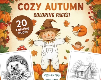 Cozy Autumn Coloring Book | Fall Sketch Pages, Stress Relief, Autumn Nature Scenes, Pumpkin and Woodland Animal (PDF + PNG)