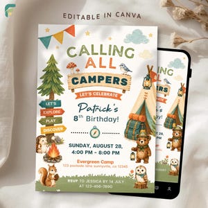 Camping Birthday Invitation, Calling All Campers Outdoor Party Theme Canva Template, Woodland Animals Adventure Flyer (Digital Download)