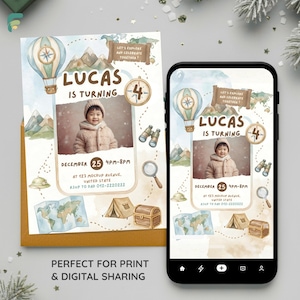 May include: A birthday invitation featuring a watercolor design with a hot air balloon, compass, and map. The invitation includes the text "LUCAS IS TURNING 4" and event details. A smartphone displays the same invitation.
