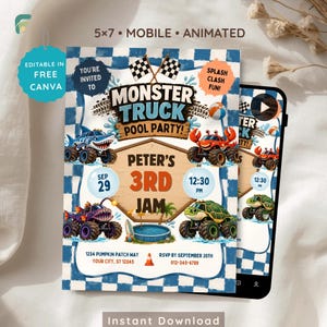 Inbjudan till Monster Truck Pool Party, inbjudan till Shark Truck-födelsedagsfest, Splash Bash-fest, redigerbar Canva-mall, animerat digitalt kort