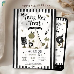 Op de afbeelding: Een verjaardagsuitnodigingskaart met een groene dinosaurus in een spookkostuum die een schedel-emmer vasthoudt. De tekst luidt Three-Rex or Treat, Jackson is turning 3, inclusief evenementdetails en een zwart-wit verticaal gestreepte rand.
