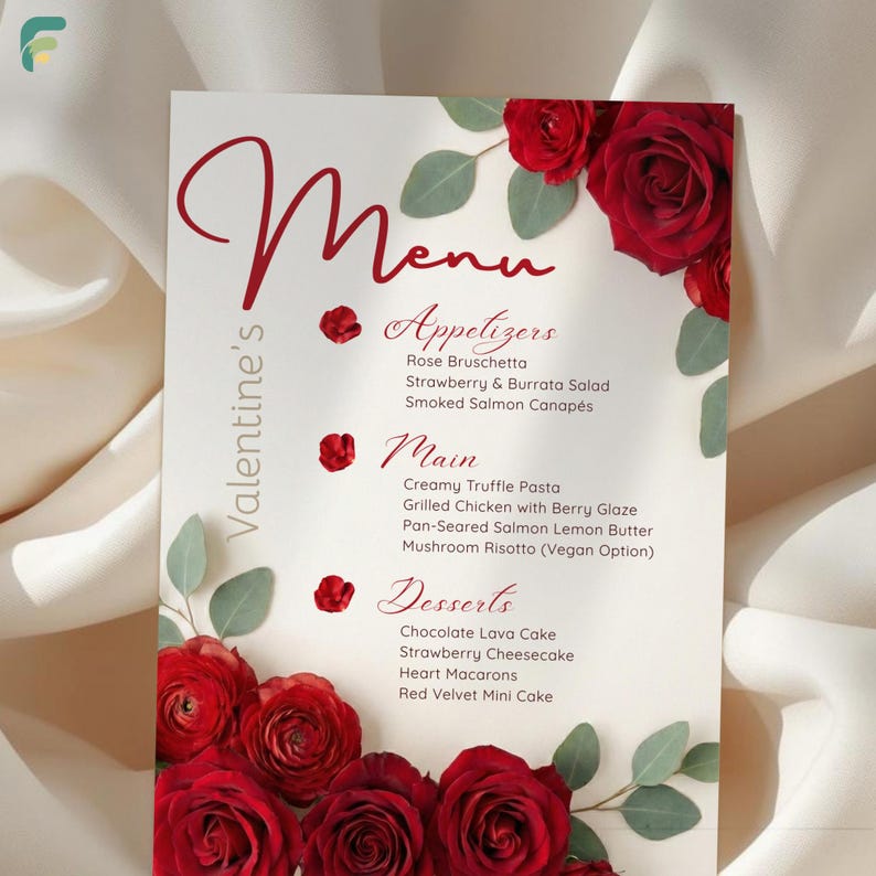 Floral Rose Galentine's Menu Template | Valentine Dinner & Drink Menu ...
