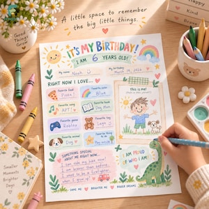 May include: A birthday interview printable sheet featuring colorful illustrations of a sun, rainbow, and dinosaur. The page includes sections for a child to fill in their name, age, favorite things, and personal milestones, with handwritten text in blue ink.