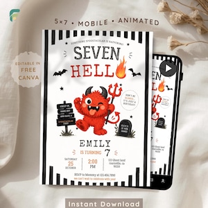 Invitación de cumpleaños número 7 con temática de Halloween y demonios, plantilla editable de invitación para fiesta de monstruos espeluznantes en Canva, tarjeta digital animada, descarga instantánea.