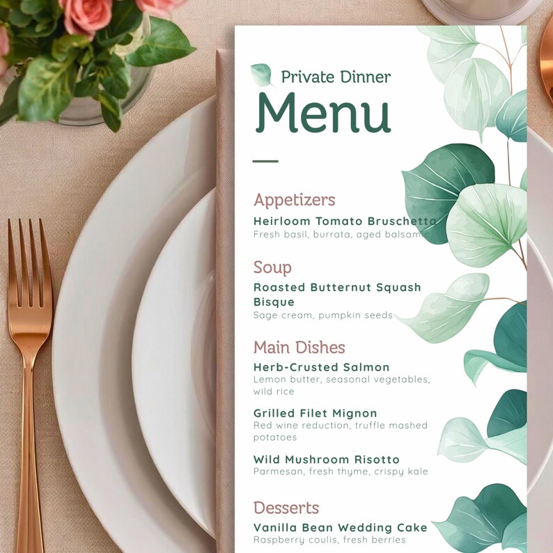 Minimal Wedding Menu Template Canva, Greenery Design (editable Menu) Etsy