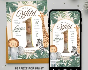 May include: A birthday invitation with a jungle theme. The invitation features a child's photo, the text "He's a Wild 1", and illustrations of a giraffe, zebra, lion, and elephant. The invitation is designed for print and digital sharing.