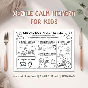 Printable Grounding Kids Placemat, Mindfulness Coloring Sheet (5-4-3-2-1 Sensory Activity)