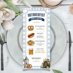 May include: A vertical Oktoberfest menu card featuring a blue and white diamond pattern border. The text reads Oktoberfest Today's Specials, listing Bavarian pretzel, bratwurst, chicken schnitzel, and beer options, with illustrations of food and a beer stein.