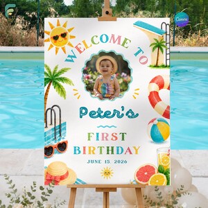 May include: A white birthday welcome sign featuring a central photo of a child in a straw hat, surrounded by colorful illustrations of a sun, palm trees, a pool ladder, a life preserver, a beach ball, a straw hat, and citrus fruit slices.