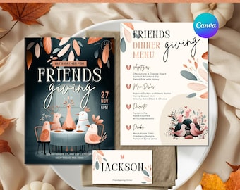 Puede incluir: Un conjunto de cena con el tema de Friendsgiving. El conjunto incluye un menú, una invitación y una tarjeta de lugar. La invitación presenta pájaros de dibujos animados alrededor de una mesa. El menú enumera aperitivos, platos principales, postres y bebidas. La tarjeta de lugar tiene el nombre "Jackson".