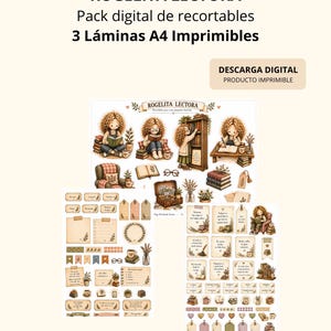 Rogelita Lectora · Recortables imprimibles A4 · Español + English · Reading journal y scrapbook · Descarga digital