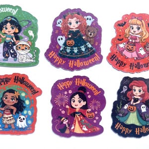 May include: Set of six Halloween-themed stickers featuring cartoon characters in costumes. Each sticker has a unique design with the words "Happy Halloween!" and a character holding a jack-o'-lantern. The stickers are in various colors.
