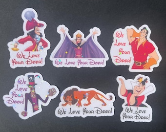 May include: Six holographic stickers featuring various animated characters, including a pirate, a queen, a man in a red shirt, a tall man in a top hat, a lion, and a queen with a crown. Each sticker includes the text We Love Your Door!