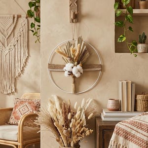 Modern Boho Hoop Wreath with Dried Cotton and Palm Leaf, Minimalist Jute and Lace Wall Hanging, Neutral Farmhouse Floral Loop