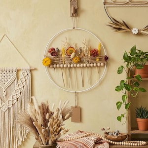 Modern Hoop Wreath with Dried Flowers, Boho Wall Hanging with Wood Beads and Jute Twine, Autumn Warm Tones Floral Loop, Summer Meadow Art