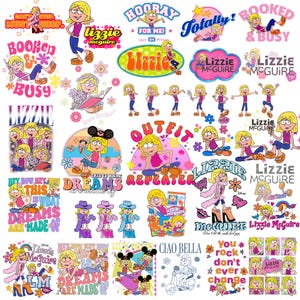 May include: A collection of colorful Lizzie McGuire themed stickers. The stickers feature various images of the character in different poses, along with phrases like "Booked & Busy" and "Dreams are made of". The color palette includes pink, blue, and yellow.