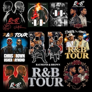 May include: A collection of R&B tour posters and promotional materials. The designs feature images of Chris Brown and Usher Raymond, with text that reads "R&B Tour" and "Raymond & Brown". The color palette includes black, white, and red.