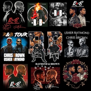 May include: Collection of R&B tour and album art featuring Usher Raymond and Chris Brown. The designs include portraits, the text "R&B Tour", and the names "Raymond & Brown". The color palette includes black, red, and white.