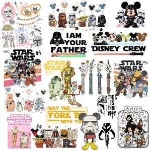 Könnte beinhalten: Eine Sammlung von Star Wars- und Disney-Grafiken. Das Bild zeigt Charaktere wie Darth Vader, Mickey Mouse und Baby Yoda, zusammen mit Texten wie "I am your father" und "Disney Crew".