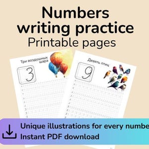 May include: Printable number writing practice pages. The pages feature the numbers 3 and 9, with illustrations of hot air balloons and birds. The text includes "Numbers writing practice Printable pages" and "Unique illustrations for every number Instant PDF download."