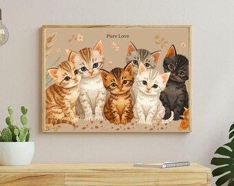 May include: A framed print featuring seven kittens of various colors and patterns, including tabby, calico, and solid black. The kittens are arranged in a row, with the text "Pure Love" above them. The artwork has a warm, inviting color palette.