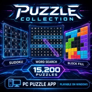 Sudoku, Word Search & Block Fill Puzzle App | 15,200 Offline Windows PC Games | Digital Download