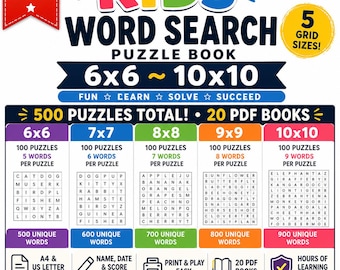 May include: A digital kids word search puzzle book bundle featuring 500 puzzles across 20 PDF books with grid sizes ranging from 6x6 to 10x10. The graphic displays colourful headers, puzzle examples, and icons for A4 and US letter sizes.