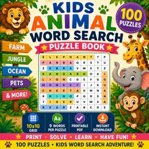 Könnte beinhalten: Ein Kinder-Wortsuchrätselbuch mit einem 10x10-Gitter, das Wörter wie elephant, panda, zebra, kangaroo, lion, monkey, cheetah, rhino, tiger und bear hervorhebt. Das Cover ist mit Illustrationen von einem Löwen, einer Giraffe und einem Affen versehen.