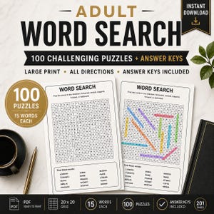 Könnte beinhalten: Ein digitaler Download eines Wortsuchrätselbuchs für Erwachsene mit 100 anspruchsvollen Rätseln inklusive Lösungen. Die Seiten zeigen ein 20x20-Gitter, 15 Wörter pro Rätsel und große Schrift. Dargestellt sind zwei Beispielseiten mit Wortlisten.