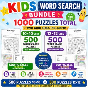 Könnte beinhalten: Ein digitales Wortsuchrätsel-Paket für Kinder mit insgesamt 1000 Rätseln. Enthält 500 Rätsel in 10x10-Gittern und 500 Rätsel in 12x12-Gittern sowie Lösungsschlüssel. Die einfachen Rätsel sind nur horizontal und vertikal angeordnet und als PDF-Dateien in A4 und US-Letter-Größe zum sofortigen Download verfügbar.