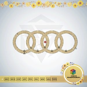 May include: An embroidered design featuring four interlocking rings in a beige color, with a detailed stitch pattern. The design is set against a light gray background, with floral accents and the text "CISCO EMBROIDERY".