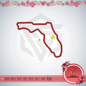 Puede incluir: Un archivo de diseño de bordado que presenta un contorno rojo del estado de Florida con una pequeña estrella amarilla ubicada en la región central. La imagen incluye el texto CISCO EMBROIDERY y una lista de formatos de archivo DST, HUS, EXP, JEF, PES, PEC, SEW y XXX.