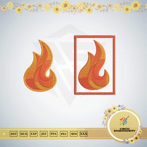 Puede incluir: Un diseño de bordado con dos motivos de llama en tonos naranja, amarillo y rojo. Una llama está sola, mientras que la otra está encerrada en un borde rectangular. El texto CISCO EMBROIDERY aparece en una insignia circular abajo a la derecha.