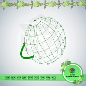 Puede incluir: Un diseño de globo de alambre verde con un asa curva, sobre un fondo gris claro. El diseño incluye una serie de líneas verdes que forman una forma esférica. La imagen también presenta el texto "CISCO EMBROIDERY".